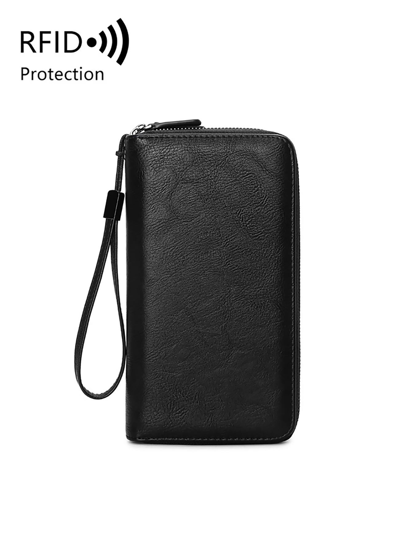 Cartera minimalista con cremallera antirrobo RFID de color sólido para hombre con correa para la muñeca elegante bolso de doble capa con gran capacidad