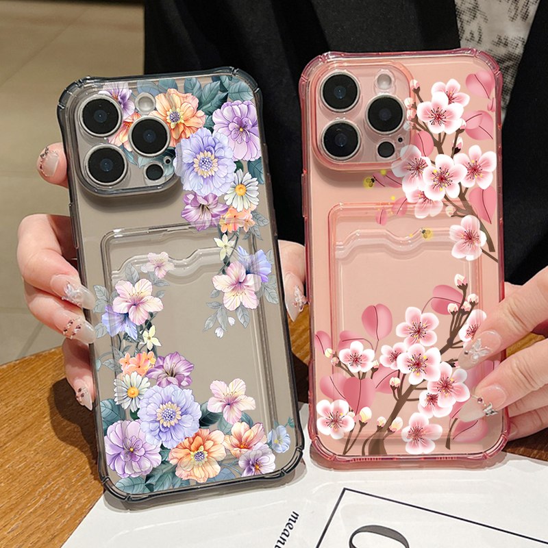 Telefoonhoesje met kaartsleuf voor iPhone 17 16 Pro 16 15 14 13 Pro Max 17e 11 12, schokbestendig, bloemenpatroon, transparant, zacht TPU