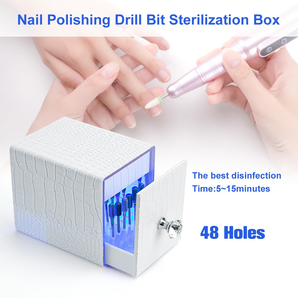 48 Gaten Leer Nail Boor Houder Doos Met Uv Licht Voor Head Cleaning Stofdicht Apparatuur