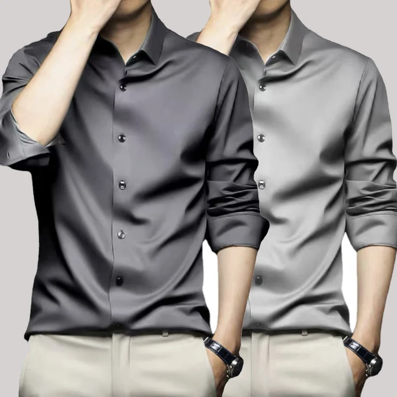 Camisa de manga larga para hombre, color naranja, lujosa, resistente a las arrugas y sin planchar, camisa de vestir informal de negocios sólida, X-6XL