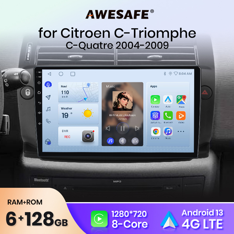 AWESAFE Draadloze CarPlay Android Auto Autoradio voor Citroen C4 C-Triomphe C-Quatre 2004-2009 GPS Navigatie FM BT Plug and Play Stereo
