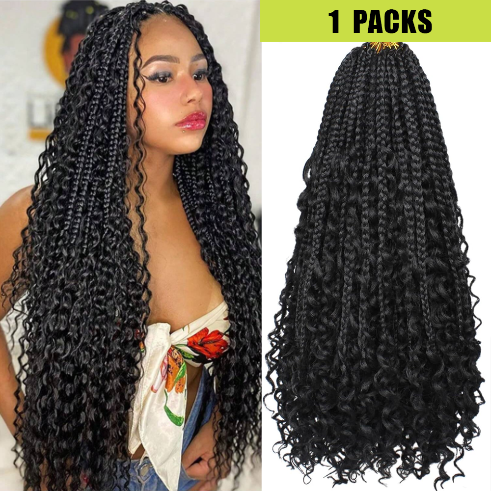 1/7 paquetes de trenzas de caja de diosa, trenzas de caja bohemia preenrolladas de 10-24 pulgadas con extremos rizados, trenzas de ganchillo 3X, cabello trenzado sintético