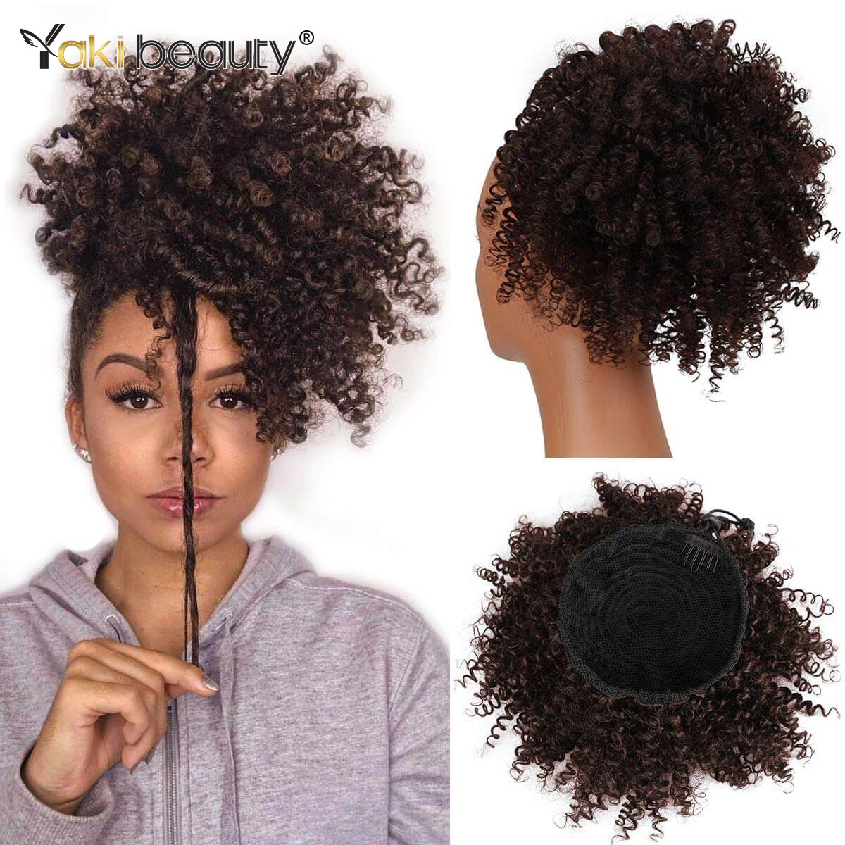 Extensiones de cabello sintético Afro Puff rizado moño de 12 pulgadas corto rizado con cordón cola de caballo postizos para mujeres