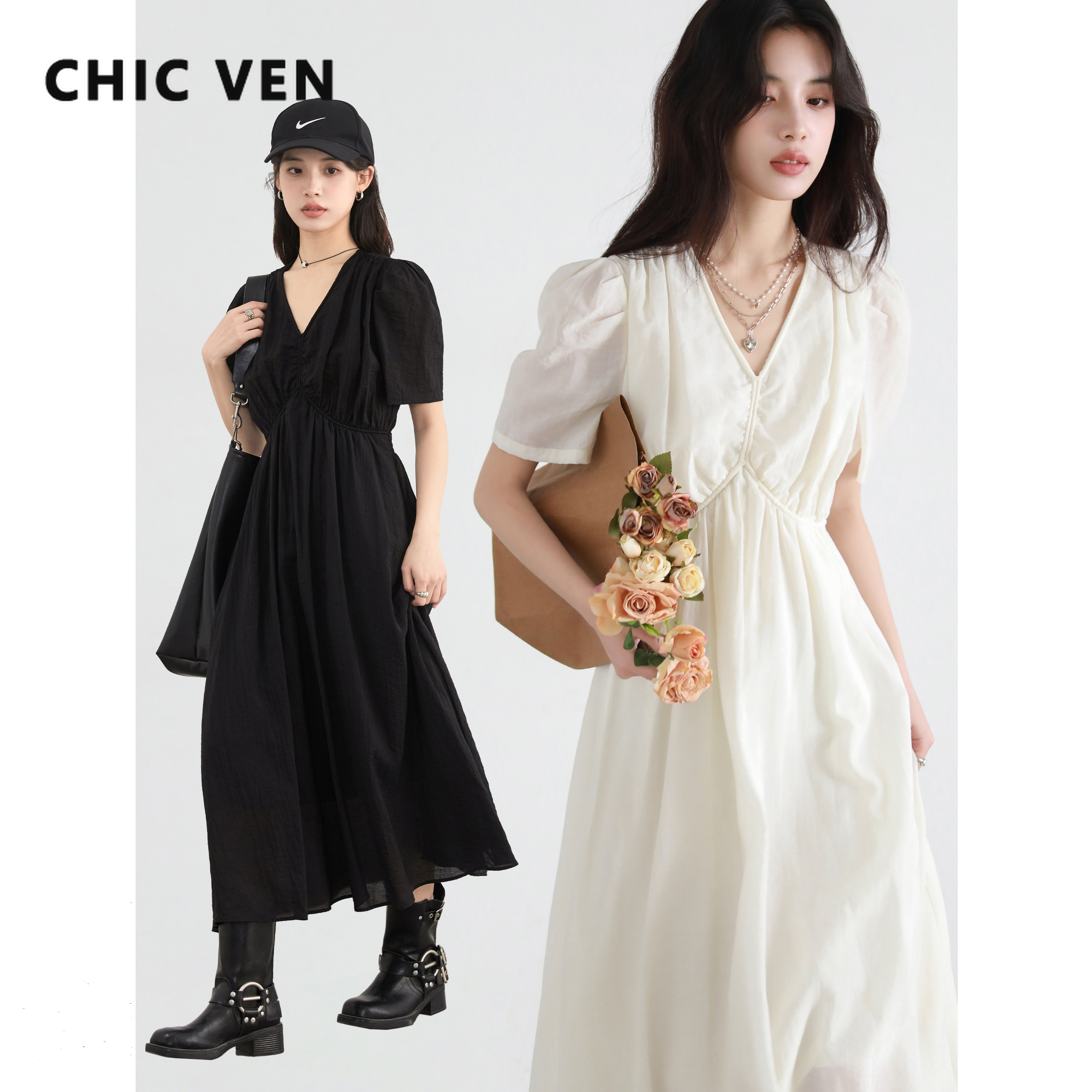 CHIC VEN Koreanische Frauen Kleider Solide Lose Beiläufige Neue V-ausschnitt EINE Linie Kurze Blase Ärmeln Weibliche Lange Kleid Frühling Sommer 2025