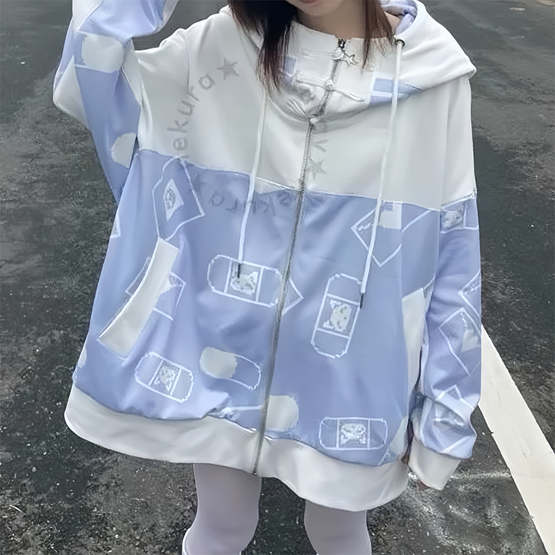 Subkultura Y2k stitch bluzy dziewczyna japońskie śliczne ponadgabarytowe ucho kota niebieskie bluzy z niebieską codzienną bluzą z kapturem damski płaszcz polarowy