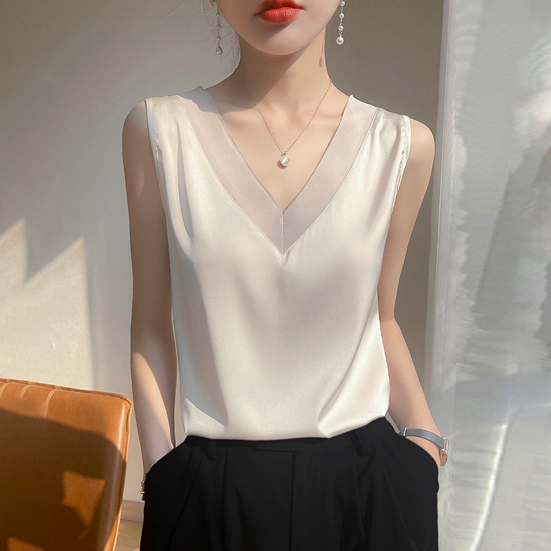 Top con tirantes para mujer, camisola blanca básica con cuello en V, sin mangas, de seda satinada, camisola de verano