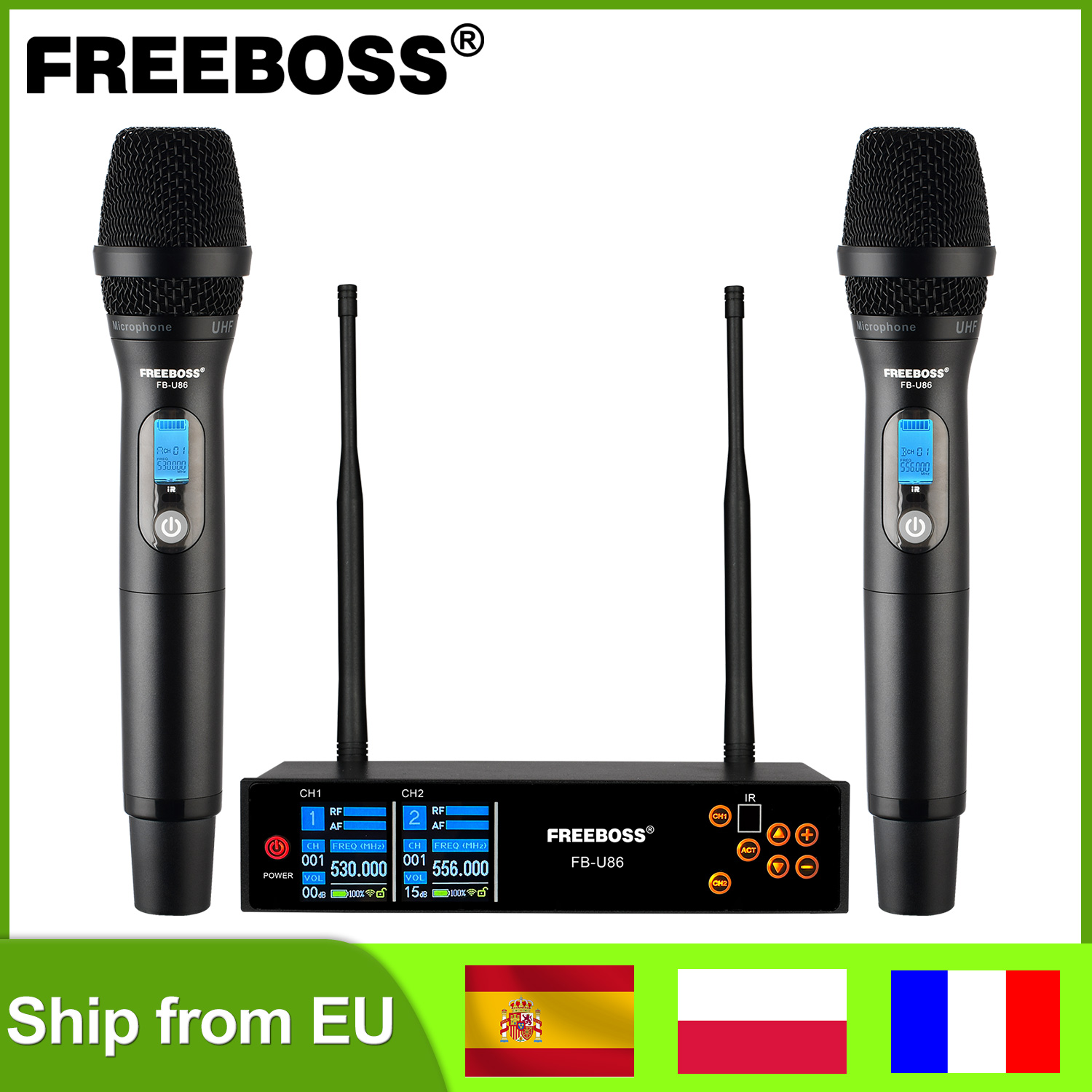 Freeboss TFT Screen 2 WAY UHF ความถี่ในการปรับไมโครโฟนไร้สายเครื่องส่งสัญญาณแบบมือถือ40M สำหรับ FB-U86บนเวที