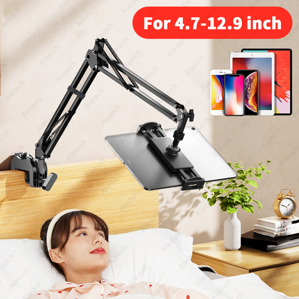 Regulowany stojak na tablet do łóżka, do telefonów komórkowych i tabletów o przekątnej 4-12,9 cali, aluminiowe ramię, uchwyt na tablet do łóżka/biurka, kompatybilny z iPad Mini.
