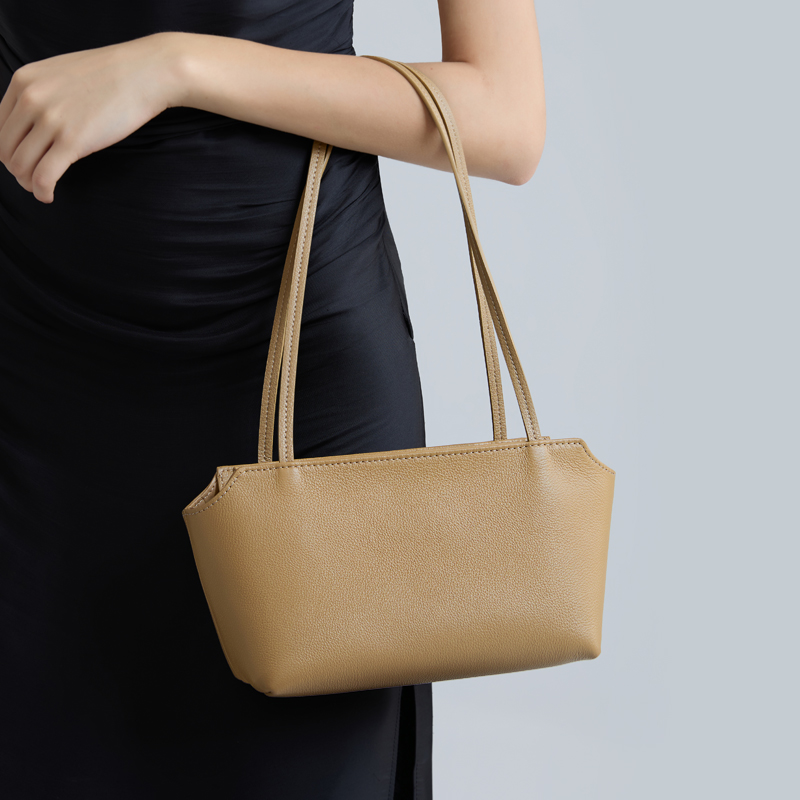 Bolsa de Ombro Mini de Couro Genuíno para Mulheres, Bolsa de Mão Minimalista em Couro Texturizado com Alça Longa