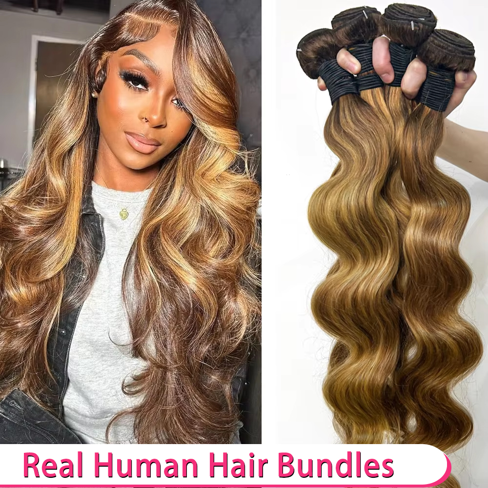 P4/27 Włosy Naturalne Body Wave w Kolorowym Ombre z Pasemkami, Prawdziwe, Nieprzetworzone Przedłużenia z Włosów Ludzkich, 1 3 4 Pakiety, 30 40 Cali, Remy, Miodowy Blond
