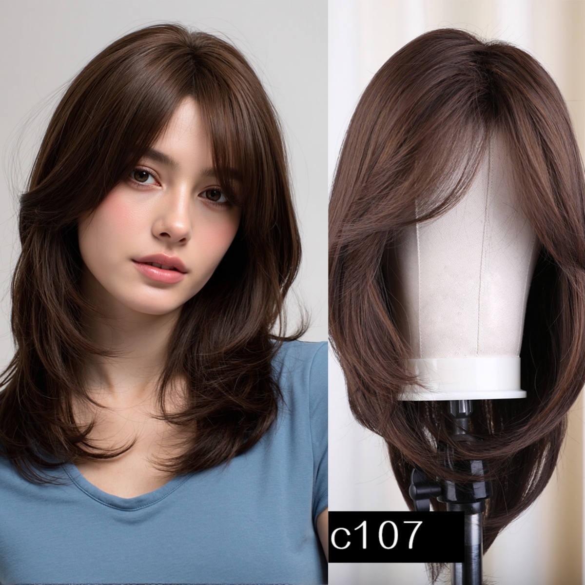 Peluca sintética de color marrón oscuro, pelucas rectas en capas para mujer, peluca de pelo hasta los hombros con flequillo, resistente al calor, uso diario para fiestas