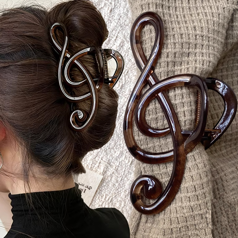 Musical Note Clip for Women's High-end Feeling 2026 New Large Hair Clip Retro Resin Simple Fashion Tea Color Hairpin