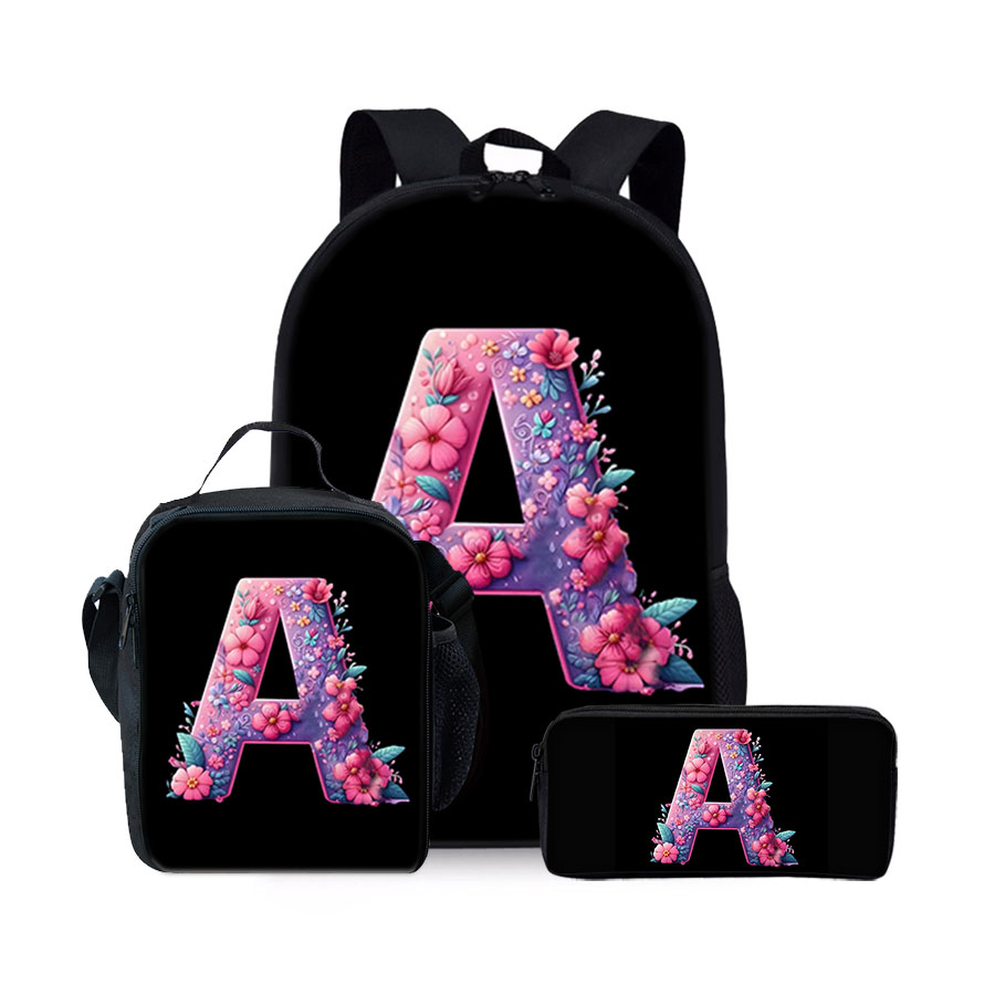 Nieuwe Engelse alfabet patroon driedelige rugzakset voor jongens en meisjes, beste cadeaus, 2D platte cartoon schooltas voor kinderen