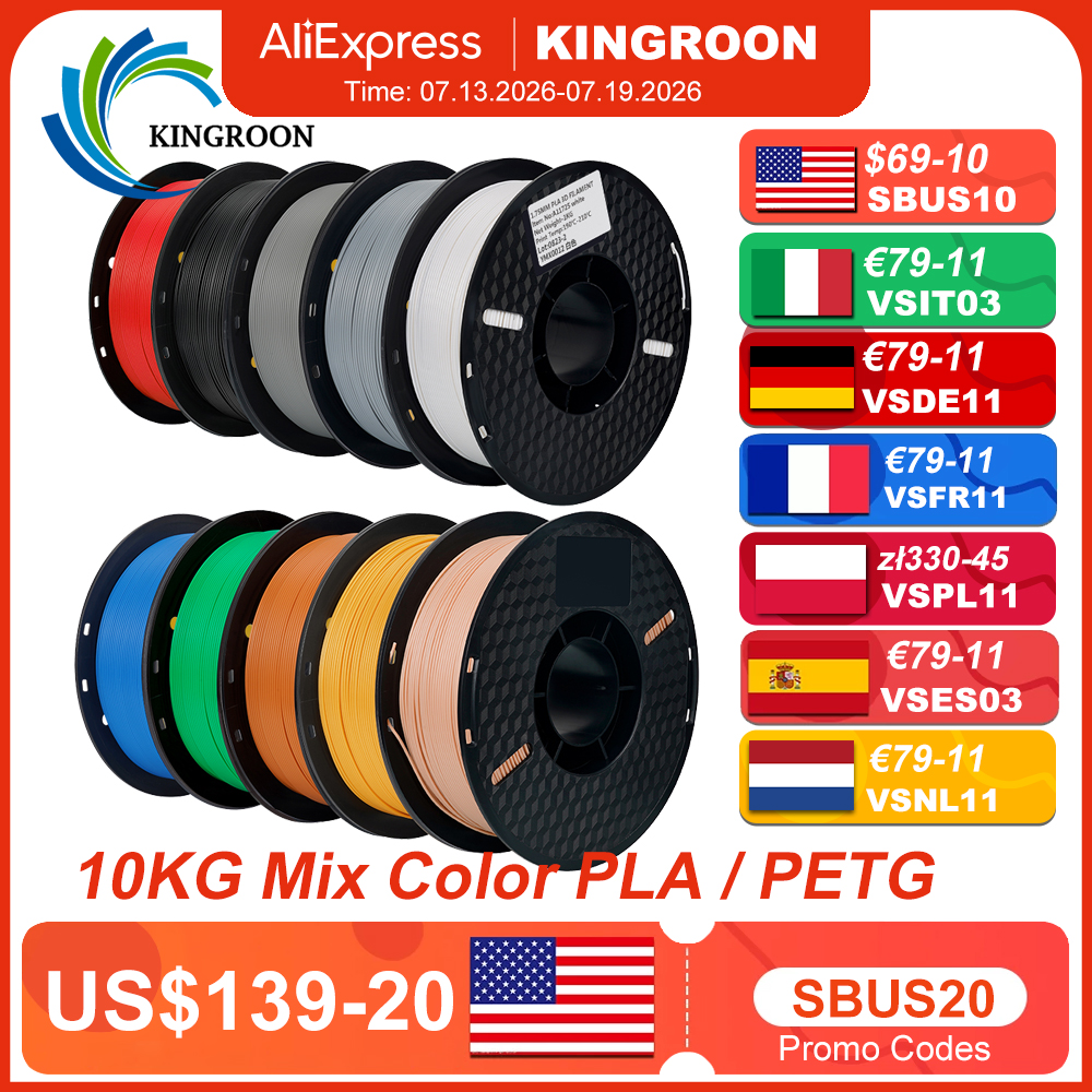KINGROON 22LBS PETG lub PLA filament do drukarki 3D Filament 10 rolek 1KG 1.75MM Ekologiczny Dobra wytrzymałość Mix kolorów Darmowa wysyłka