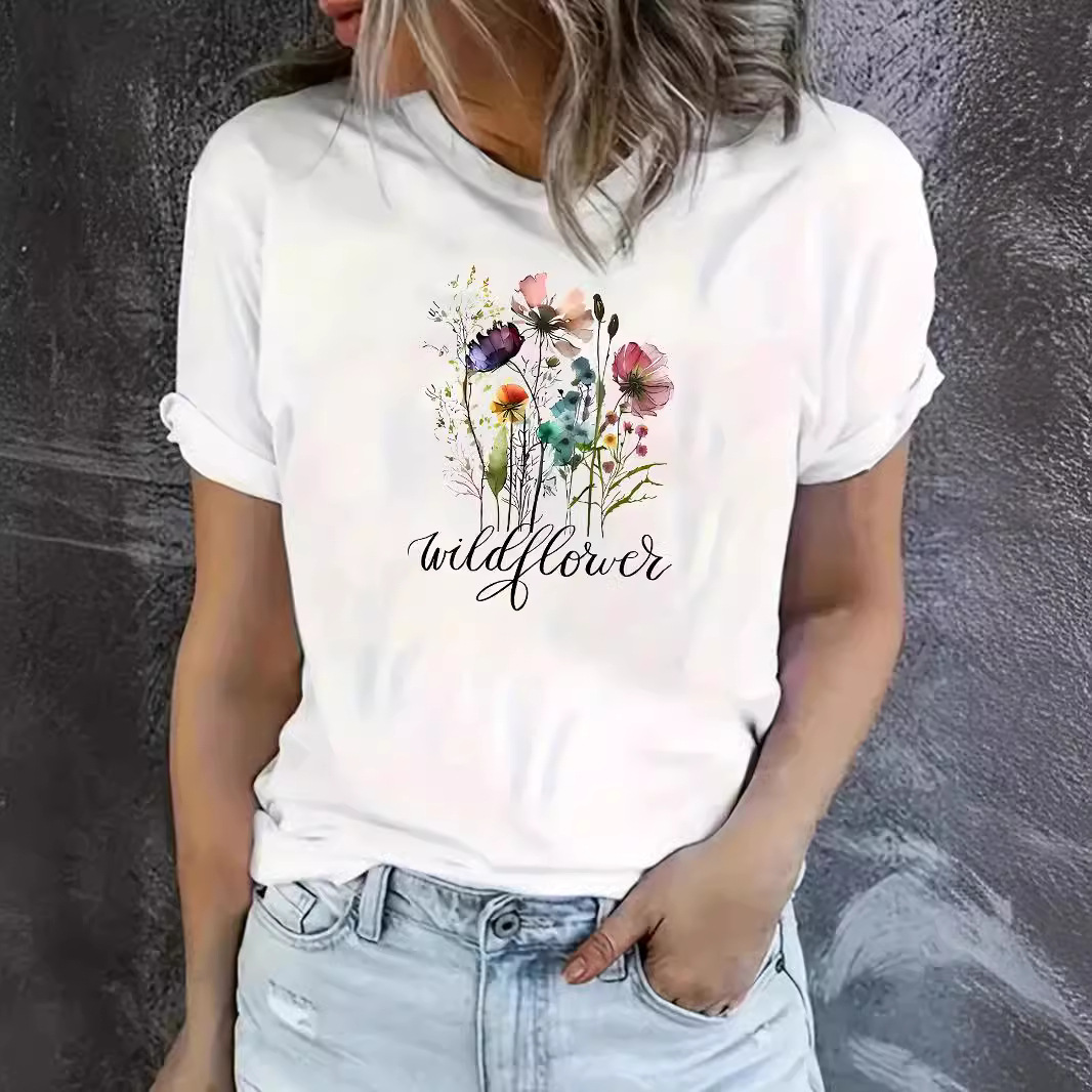 T-shirt graphique à manches courtes pour femmes, haut à fleurs décontracté, t-shirts esthétiques, printemps et été, nouveau, 03