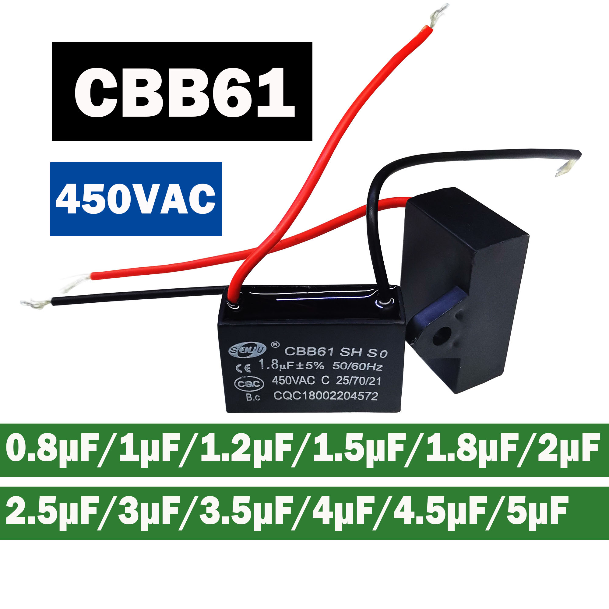 Конденсатор для вентилятора CBB61, пусковой конденсатор 450 В переменного тока, 0.8 мкФ, 1 мкФ, 1.2 мкФ, 1.5 мкФ, 1.8 мкФ, 2 мкФ, 2.5 мкФ, 3 мкФ, 3.5 мкФ, 4 мкФ, 4.5 мкФ, 5 мкФ