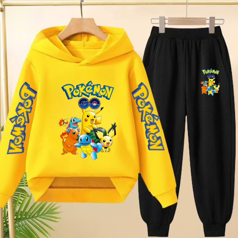 Abbigliamento in due pezzi Pikachu per bambini, felpa + pantaloni, tute casual per ragazzi, felpa con cappuccio Pokemon, set di cappotti sportivi Kawaii