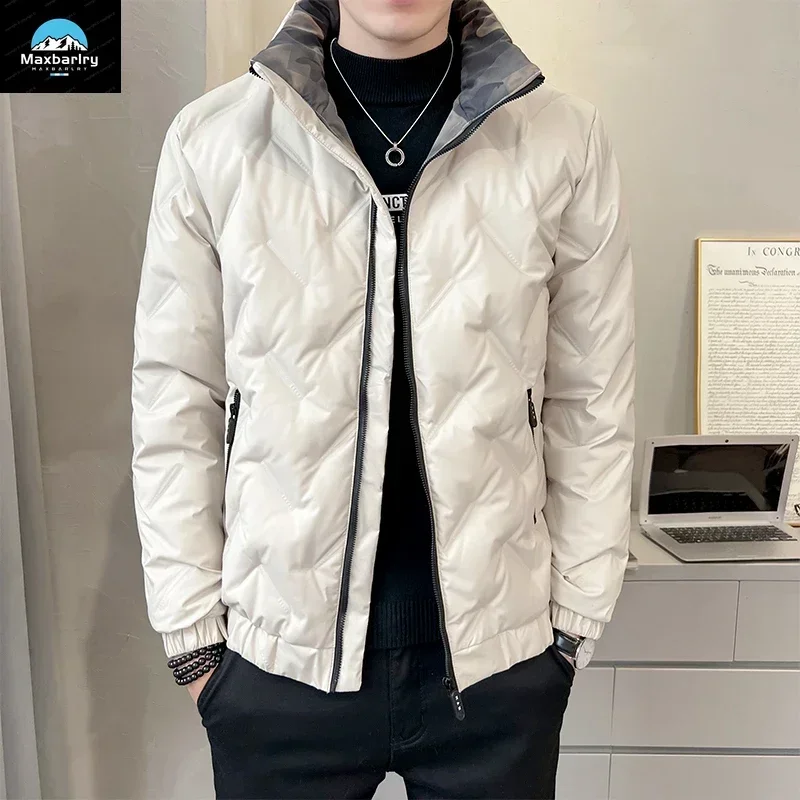 Chaqueta de plumón de invierno para hombre, abrigo informal cálido con cuello levantado de plumas de ganso, chaqueta corta con relleno ligero impermeable para exteriores para hombre