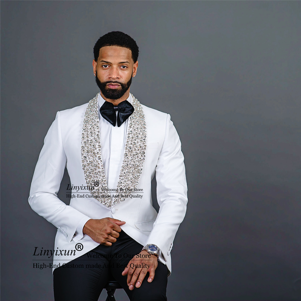 Ternos masculinos brancos de luxo, miçangas de cristal, slim fit, casamento, noivo, xale, lapela, conjunto de blazer de negócios, 2 peças personalizadas