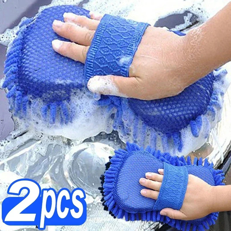 2Pc Blauw Microfiber Chenille Wasstraat Spons Zorg Wasborstel Pad Schoonmaken Tool Auto Wassen Handdoek Handschoenen Styling Accessoires