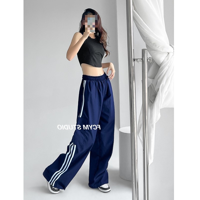 Monos para mujer, informales, holgados, a la moda, para baile, hip-hop, hasta el suelo, deportivos de tres barras, cintura alta, ajustados, rectos, pantalones de chándal de pierna ancha
