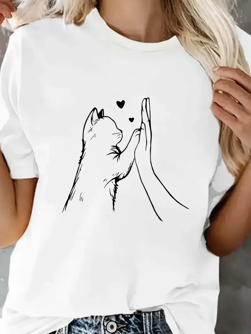 สบายน่ารัก Cat PAW Heart พิมพ์เสื้อยืดแขนสั้นเสื้อ T ผู้หญิงเสื้อยืดเสื้อผ้า TOP TEE