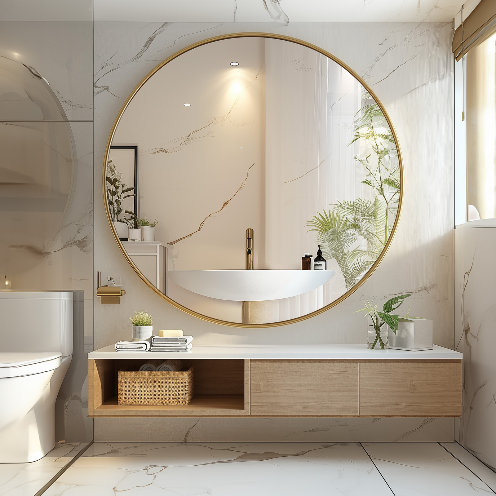 JHK 30 inch grote gouden ronde make-up ingelijste spiegel voor muur mat metalen ingelijste moderne spiegel gehard glas slaapkamer woonkamer