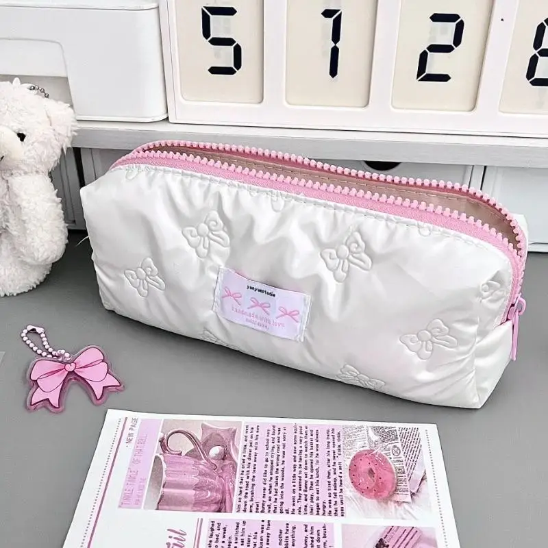 Estuche para lápices con lazo rosa creativo, bolsas para lápices de almacenamiento de gran capacidad, organizador de papelería multifuncional, 1 Uds.
