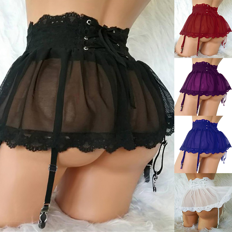 Mulher sexy lingerie preta macia menina lolita estilo tribunal francês pornô cintura de renda pura com laços zip pendurado clipe saia curta 2023