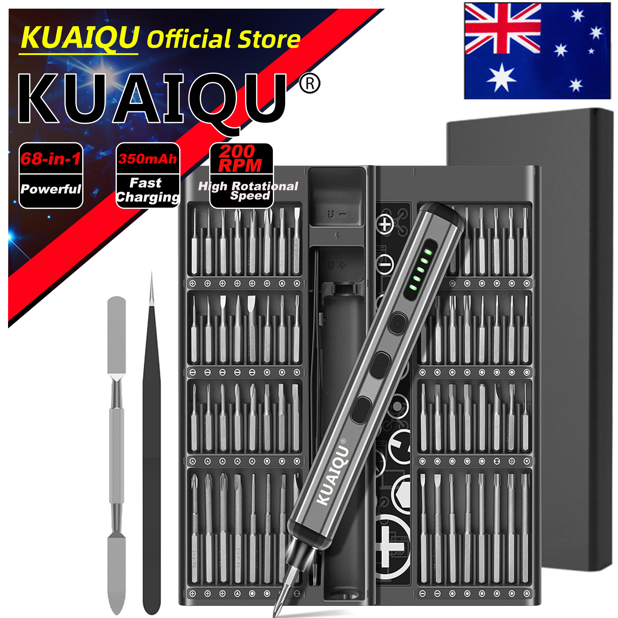 KUAIQU Elektrischer Präzisions-Schraubendreher 68 in 1, magnetischer Schraubendreher-Satz, 2 Gänge Drehmoment, 400+ Schraube S2 Stahl Präzisionsbit
