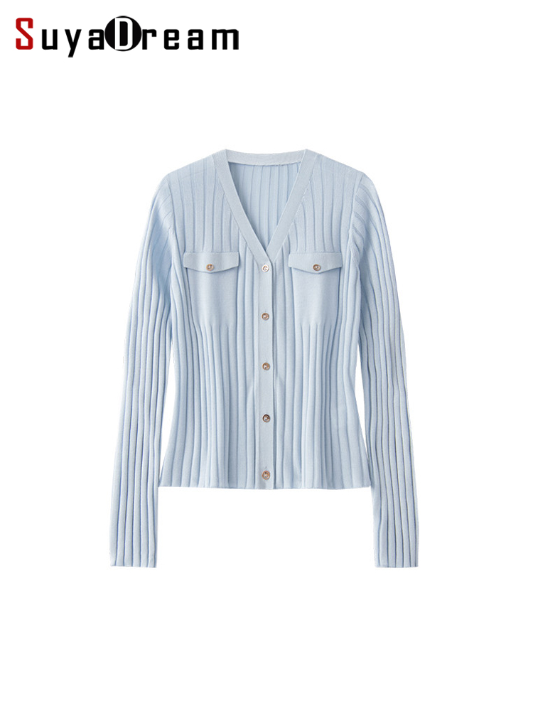 SuyaDream, Cardigan pour femme, en mélange de soie à simple boutonnage, tricot fin côtelé, vêtements décontractés printemps-été 2026, rose, bleu ciel