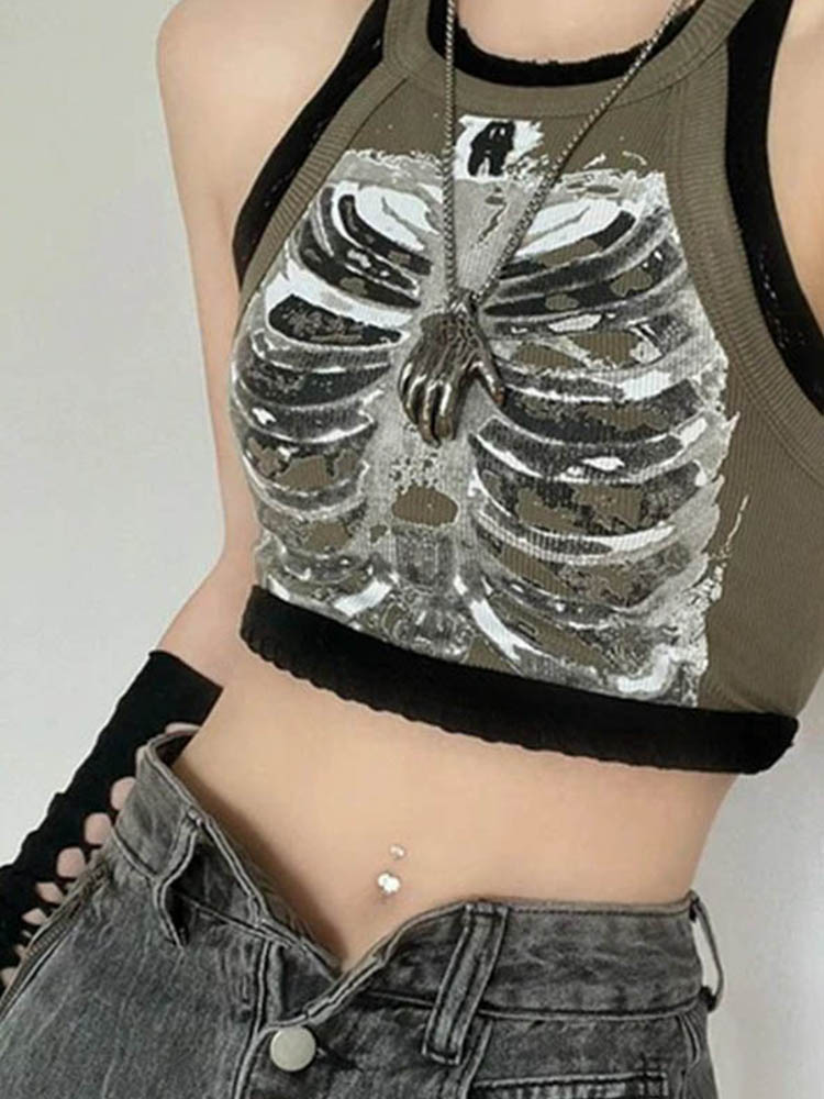 Punk Esthetische Cyber Retro X-ray Skelet Print Rib Mouwloos Vest Legergroen Crop Top Designer Kleding Vrouwen 2023 Zomer Emo