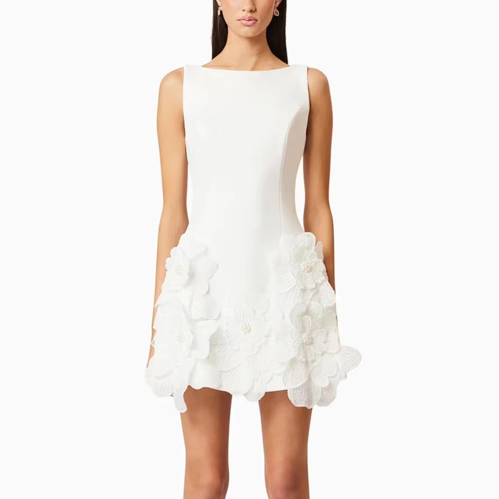 Vestido Blanco Dulce Estilo Francés para Mujer, Cuello Redondo, Sin Mangas, Corte Ajustado, Apliques Florales 3D, Elegante Mini Vestido de Fiesta, Vestidos 2026 Nuevo