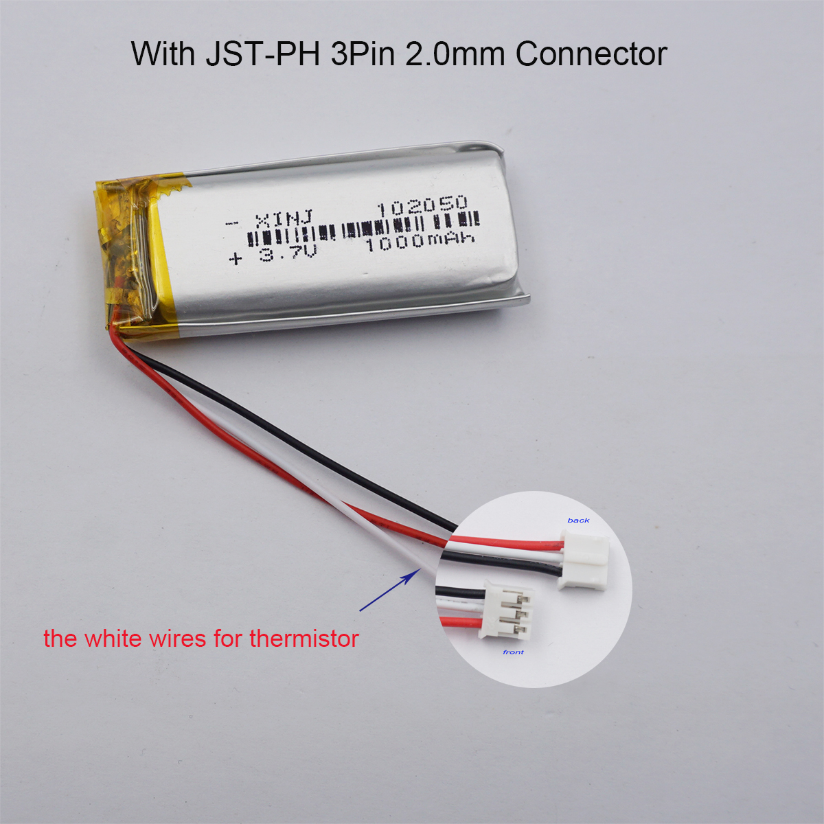 3.7V 3.7Wh1000mAh 3 สายเทอร์มิสเตอร์ Li แบตเตอรี่ลิเธียม 102050   JST 3Pin 2.0 มม. สําหรับ GPS ลําโพงบลูทูธ DashCam LED