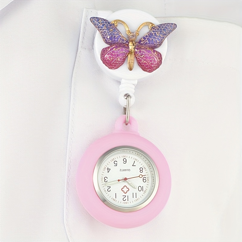 Niedliche rosa Schmetterlings-Taschenuhr für Krankenschwestern, Farbverlaufsflügel, rundes Legierungsgehäuse, Quarzwerk, dekoratives Uhrwerk