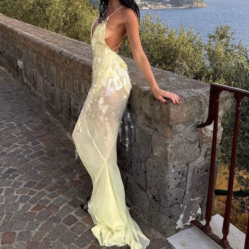 Sexy hohles, ärmelloses Abendkleid mit hoher Taille, 2023, lässig, schulterfrei, Hosenträgerkleider, Damen, tiefe V-Pailletten, schlankes Meerjungfrau-Kleid
