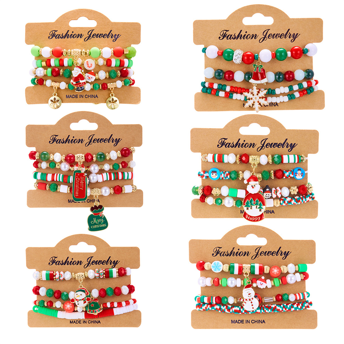 4Pcs/Set Green Red Color Acrylic Beads Christmas Bracelets For Women Cute Snowflake Deer Santa Claus Xmas Tree Bracelet Jewelry