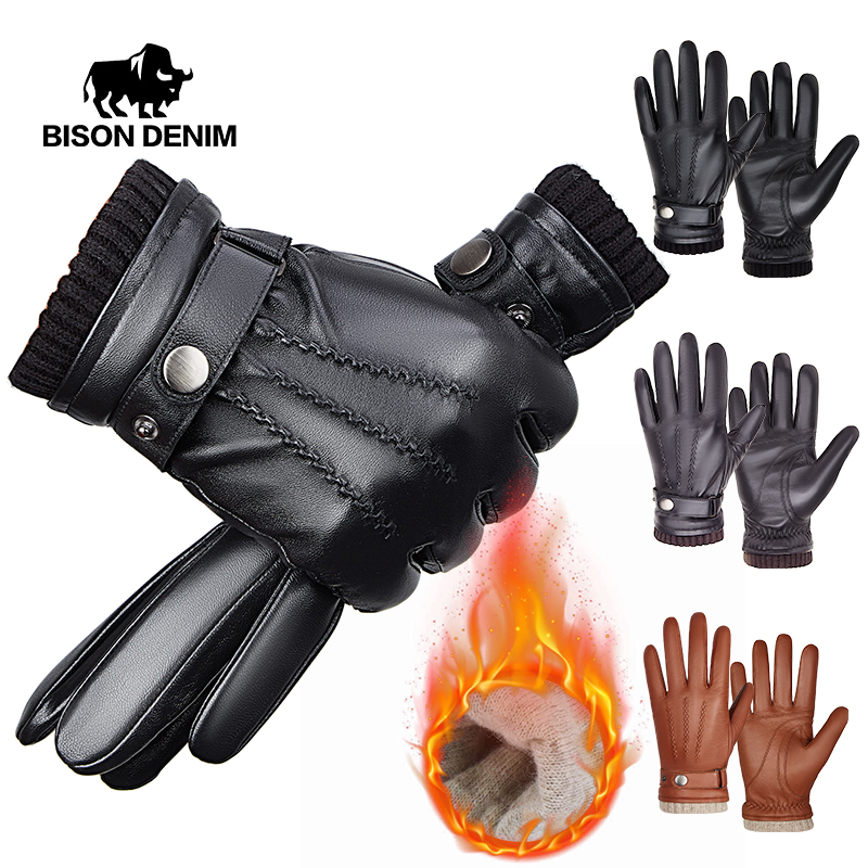 BISONDENIM новые мужские перчатки из натуральной овчины, перчатки с сенсорным экраном и полным пальцем, зимние теплые модные деловые перчатки разных размеров