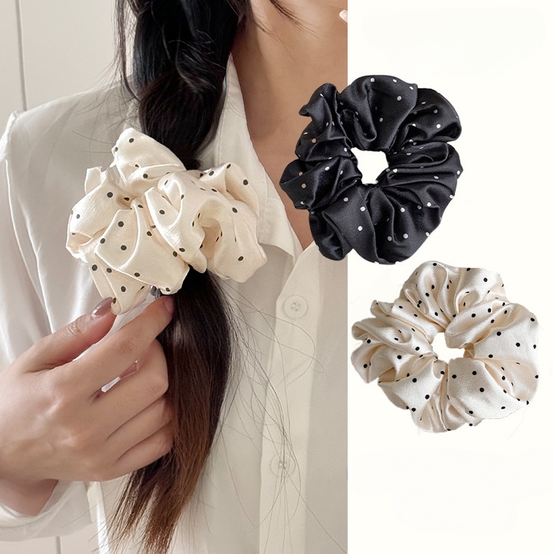 Elastico per capelli in raso stile francese, semplice, con design a pois bianchi e neri, elastico voluminoso retrò delicato