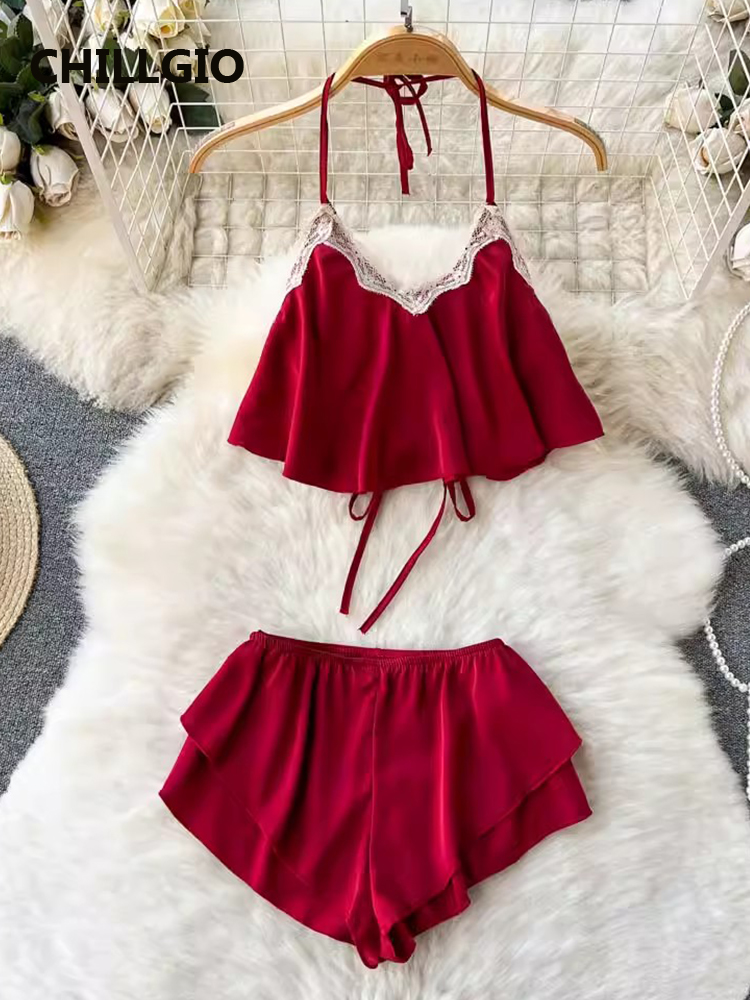 CHILLGIO Frauen Hotsweet Satin Pyjamas Anzüge Ins Mode Spitze Patchwork Leibchen Split Shorts Vintage Sexy Sommer Zwei Stücke Sets