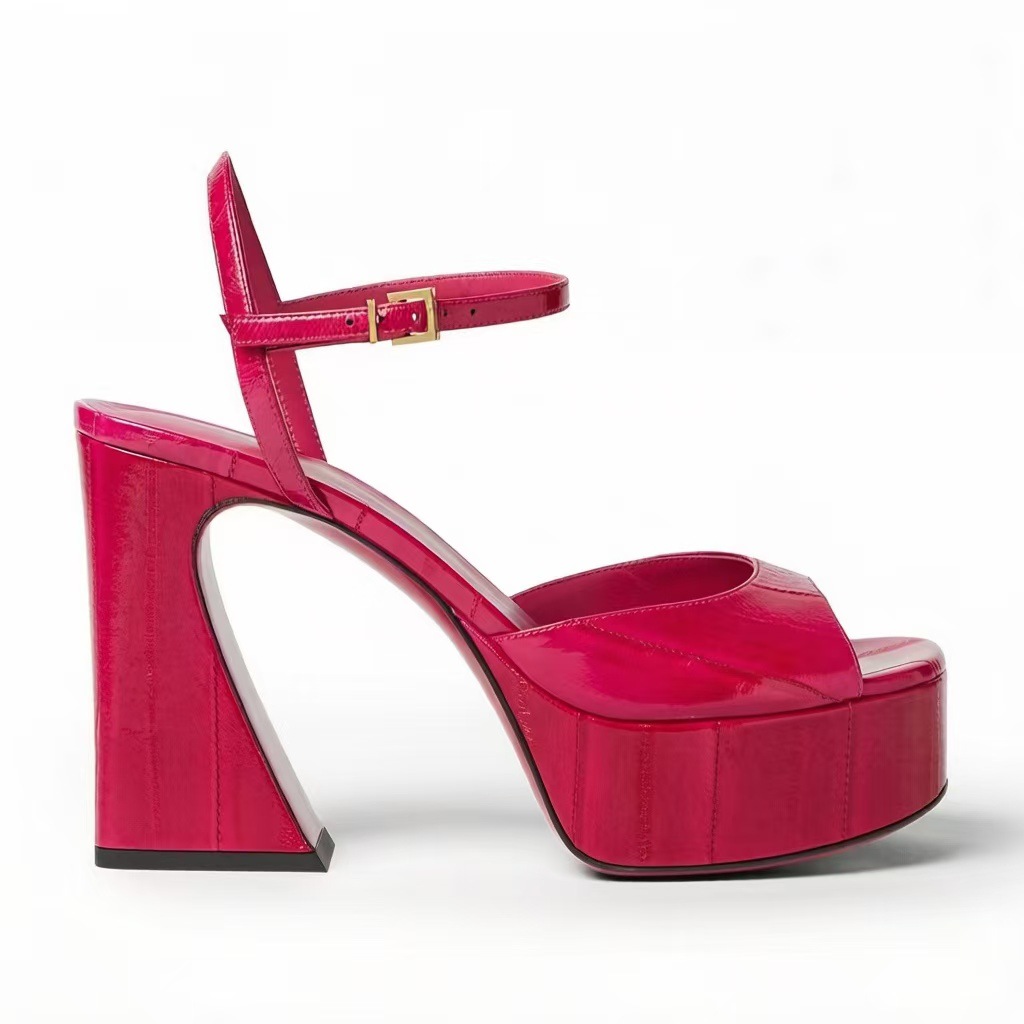 Women Orange Patent Leather Open Toe Platform Sandals Geometric Cutout Block Heel Adjustable Ankle Buckle Strap Party Sandals