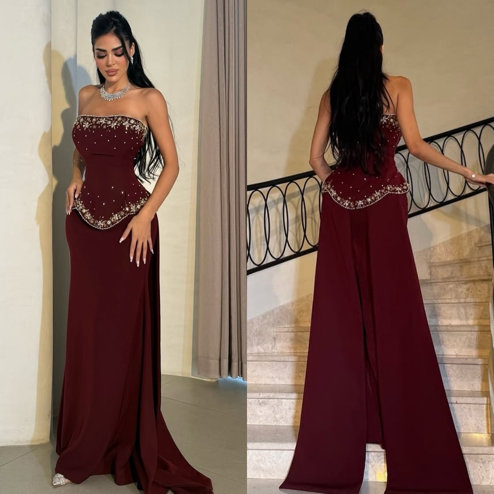 Customized Modern Style Sparkle Jersey Rhinestone Sequined Ruffle Pleat Straight Strapless Long Dresses Bespoke Occasion Dresses