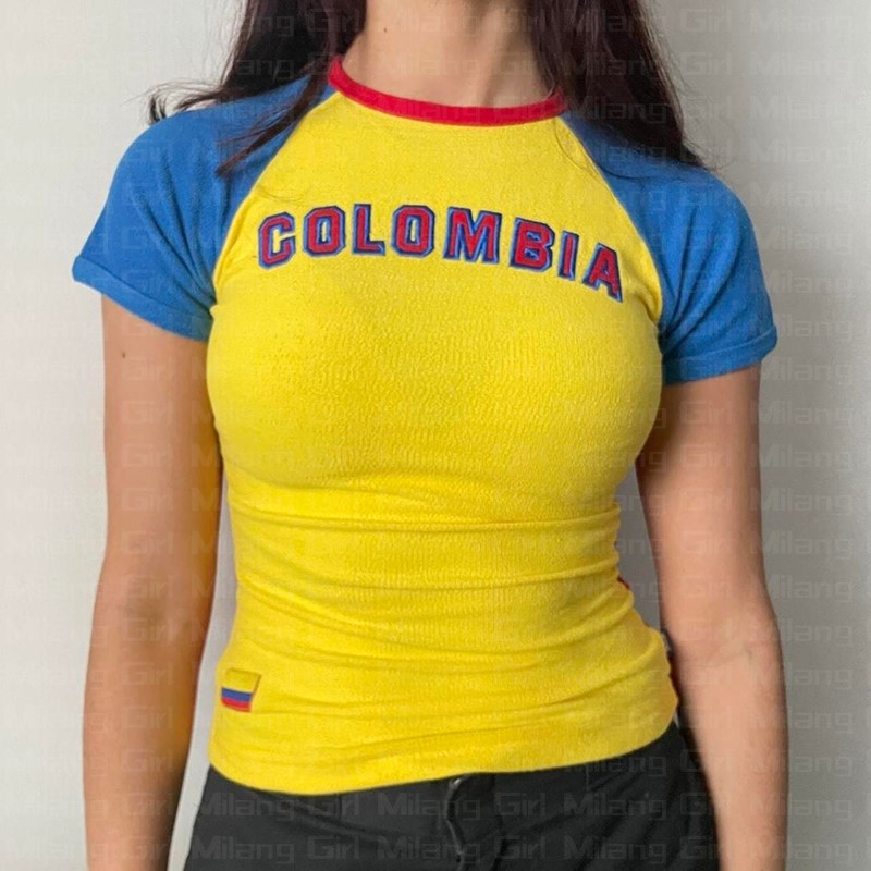 COLOMBIA Fashion Woman Blouse 2023 New Y2k Color Block T Shirt For Women Letter Printing Short Sleeve O-Neck Fitted Crop Tops