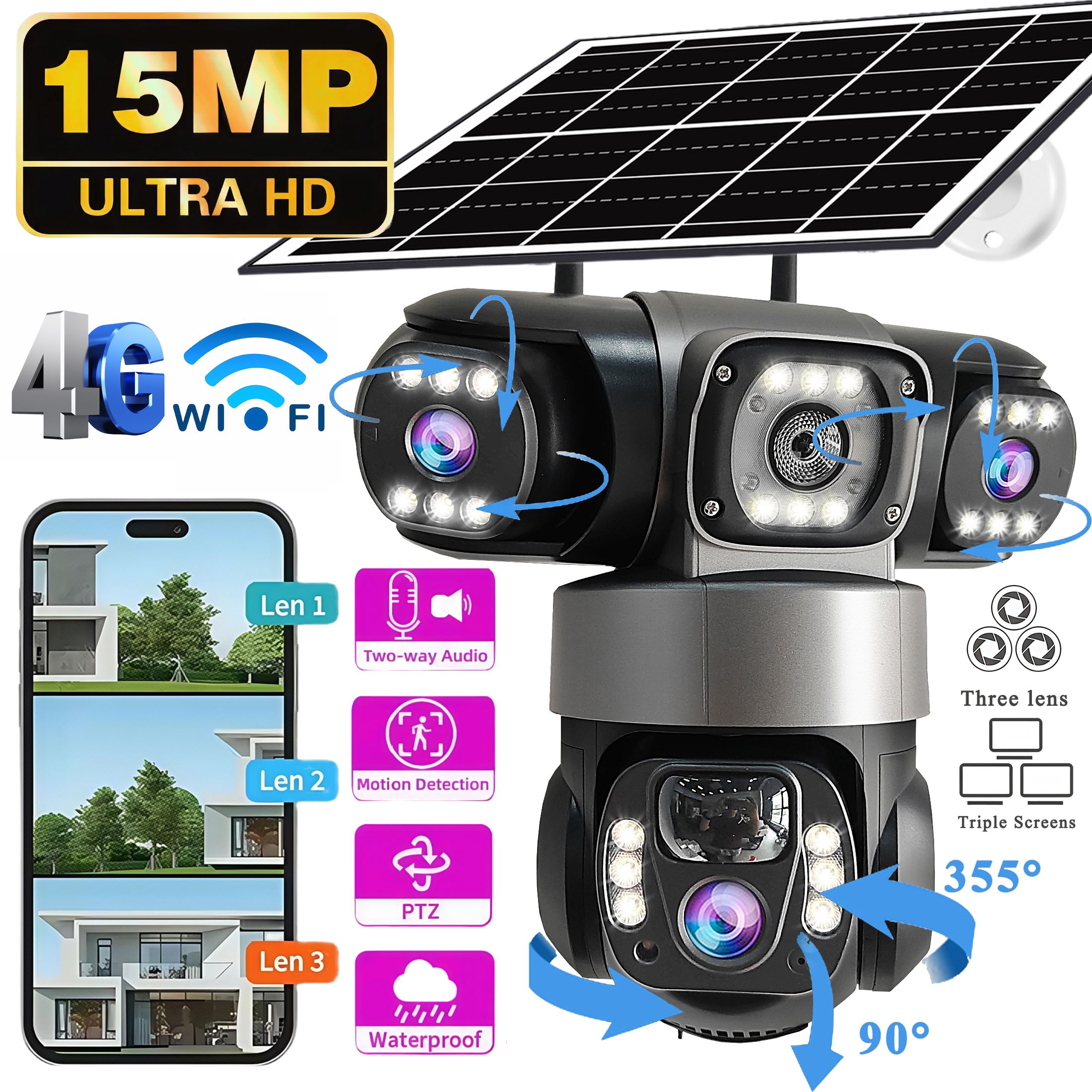 V380PRO 3 Objektiv WiFi Solar Kamera 15 MP 360 Outdoor Wasserdichte CCTV Nachtsicht Zwei-Wege Audio Kamera Mobile Tracking 4G IP Kamera