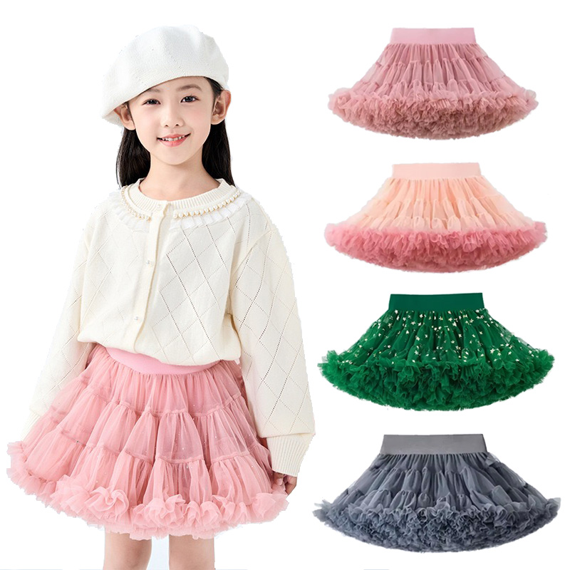 女の子 1-10T レースチュチュスカートふわふわシフォンペチスカート無地チュチュスカートガールダンススカート子供チュールペチコートチュール