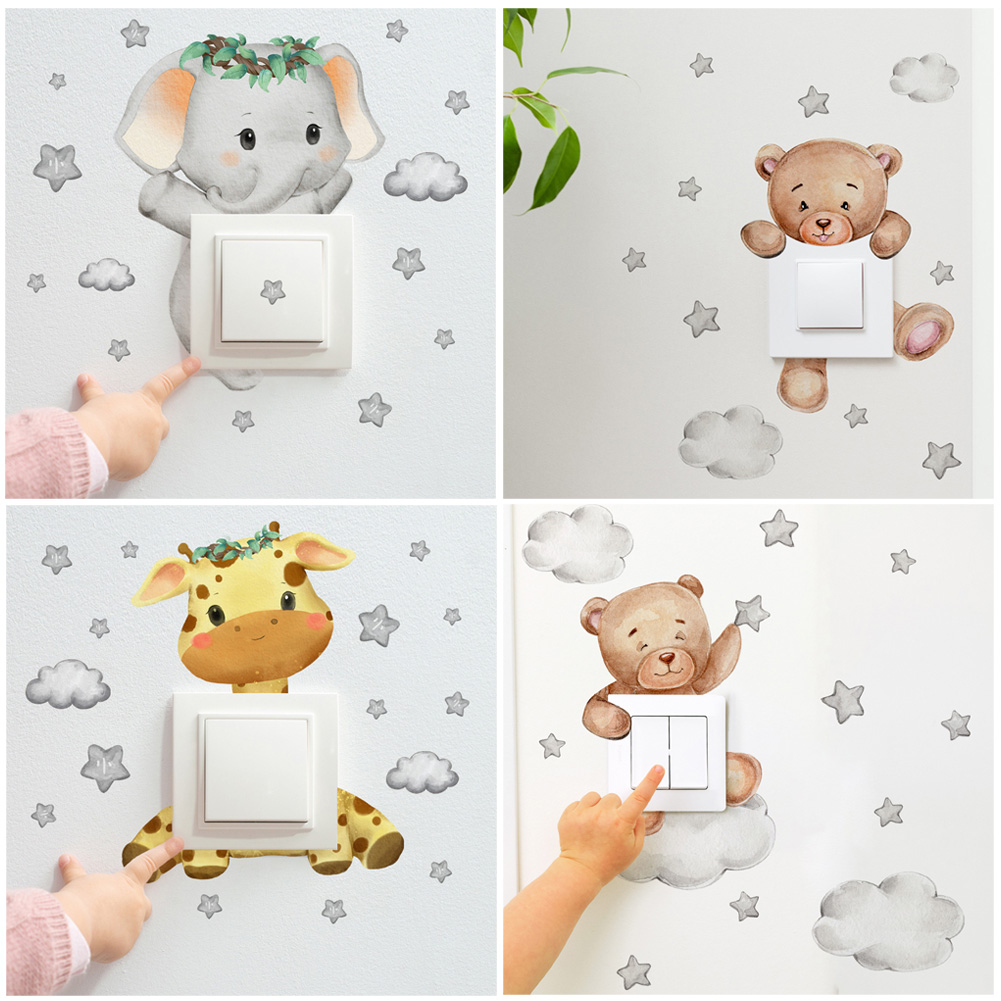 Pegatina para interruptor de estrella, jirafa, oso, elefante, decoración autoadhesiva para dormitorio de bebé, papel tapiz para decoración del hogar, calcomanías de pared para niños