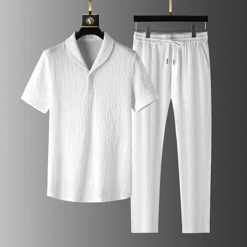 Conjunto de Linho de Seda Gelada Masculino de Verão, Tamanho ande, Casual Esportivo, Marca Moderna, Fino, Manga Curta, Calç...