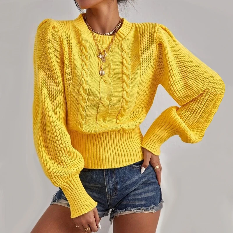 Femmes chandails couleur unie 2025 automne hiver doux dessus chaud lâche femme pull lanterne manches tricoté pull