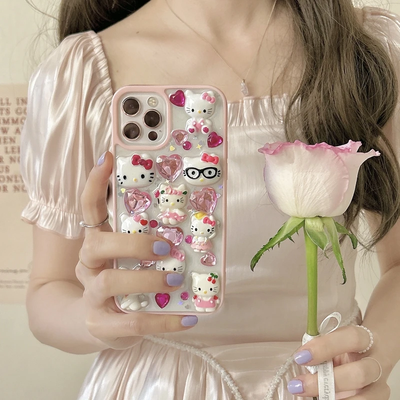 Funda de teléfono transparente Kawaii 3D Sanrio Hello Kitty Diamond para iPhone 16 15 14 Pro 13 12 11 Pro Max cubierta a prueba de golpes