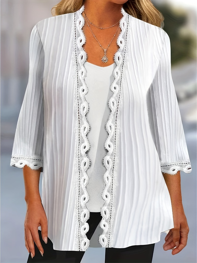 Plus Size 1XL-5XL Elegante Jas Dames Plus Effen Geribbeld Contrast Kant Driekwart Mouw Vest Uitloper